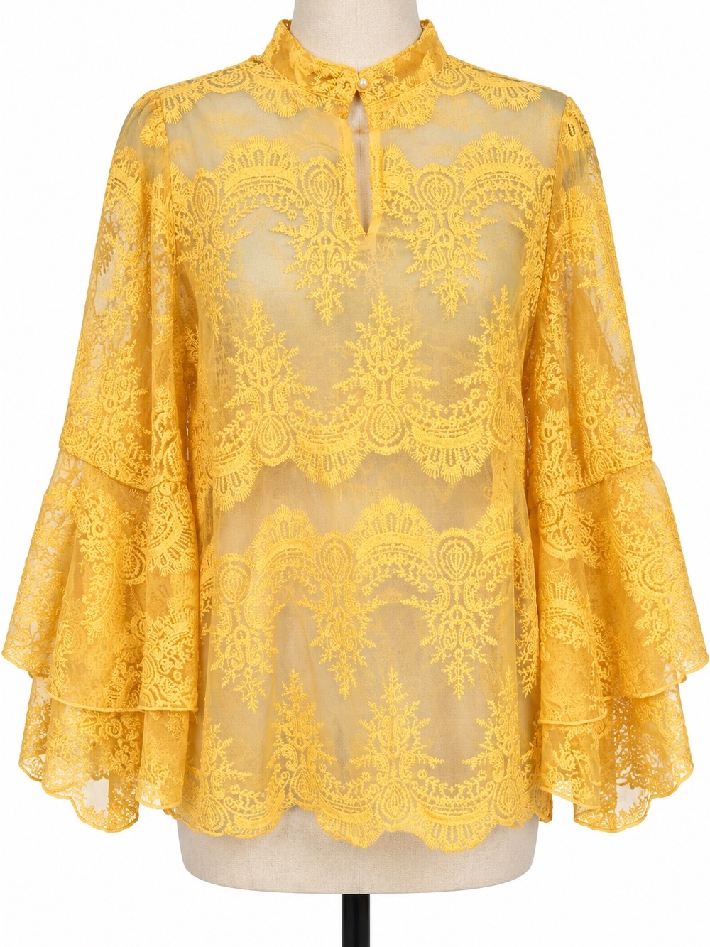 Midnight Velvet Golden Yellow Sheer Lace Embroidered Boho Bell Sleeve Top Size M